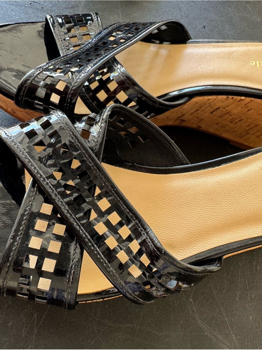 New Kate Spade Black Patent Cutout Slide Sandals